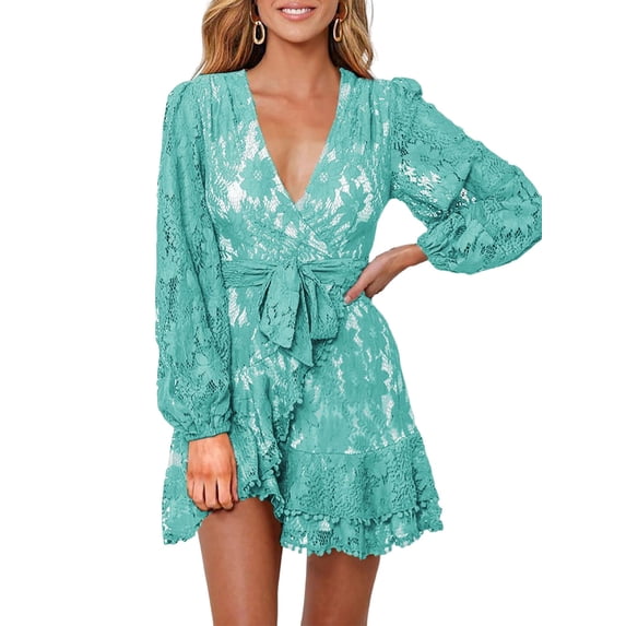 Asyoly Womens Dresses Lace Wrap Mini Dress V Neck Puff Sleeve A-Line Dress Flowy Floral Dress with Bow-Knot Belt