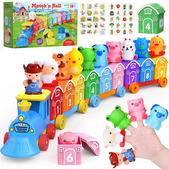 QIAHO Montessori Toys for Toddlers, 20 Pcs Counting, Matching, Sorting Preschool Learning Toy Farm Animal Set including 1 Train, 9 Barns,10 Finger Puppets Birthday Gift for Baby Boys Girls