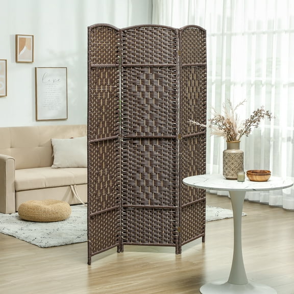 HOMCOM 3 Panel Room Divider, 6' Tall Folding Privacy Screen, Hand-Woven Freestanding Wood Partition for Home Office, Bedroom, Brown