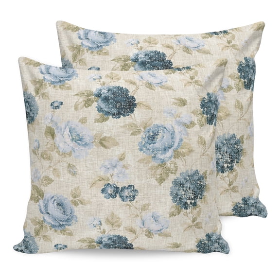 18x18 Pillow Covers Set of 2, Teal Blue Vintage Floral Throw Pillow Covers Decorative Couch Cushion Case, Hydrangea Botanical Elegant Microfiber Square Pillowcases for Bedroom Car Living Room
