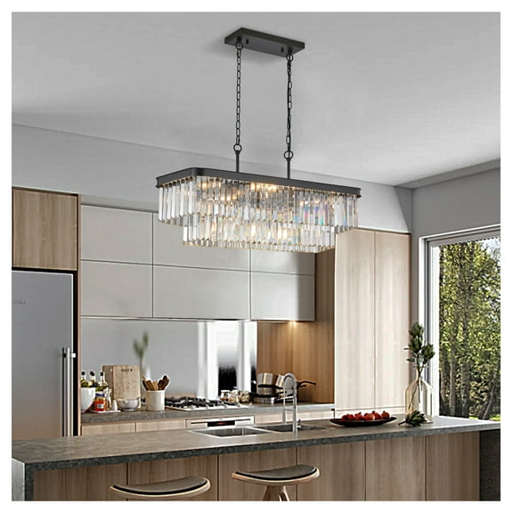 Chandeliers,Rectangular Crystal Chandelier Adjustable,E12 Modern Industrial Crystal Lights,Farmhouse Iron Ceiling Hanging Light for Kitchen Living Room Bedroom/Black(Bulb Not Included)