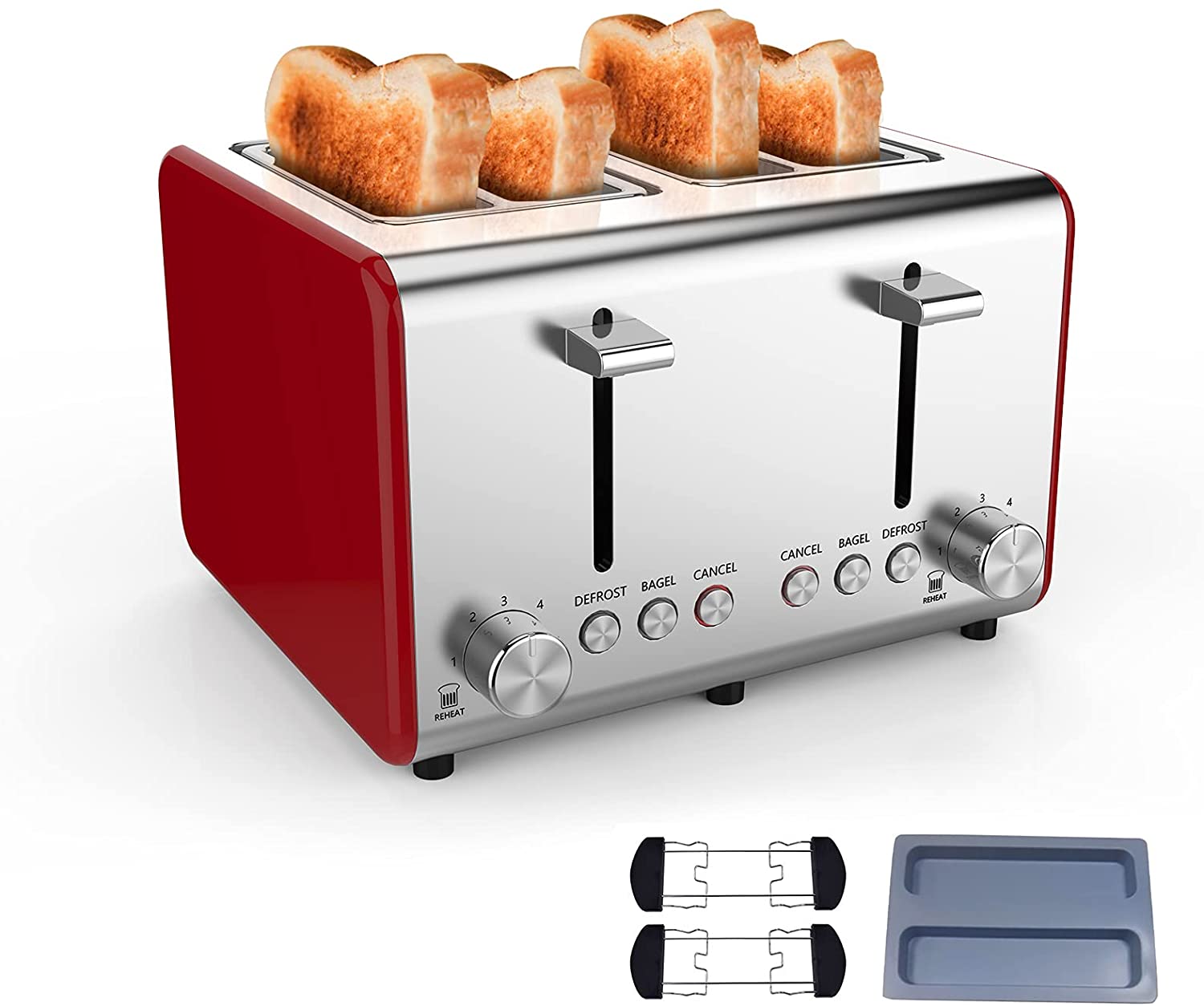 Toaster 4 slice,ExtraWide Slot Stainless Steel Retro Red Toasters,6