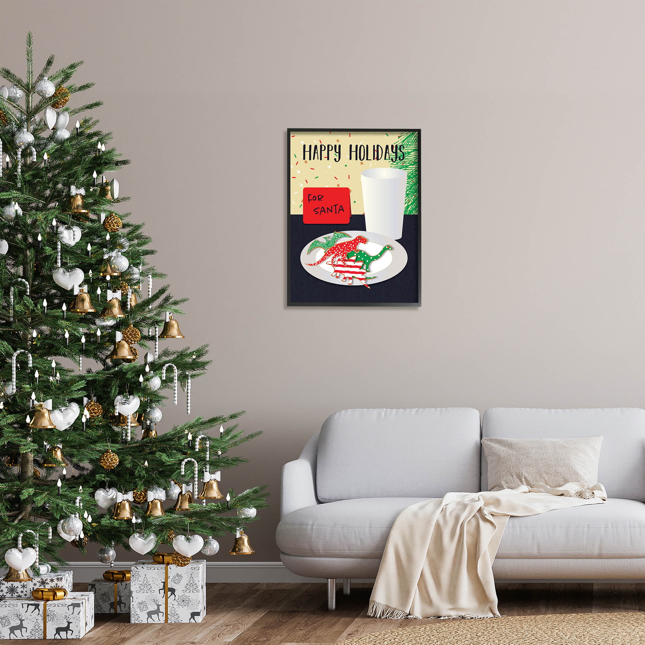 Happy Holidays Dinosaur Santa Cookies Holiday Graphic Art Black Framed Art Print Wall Art