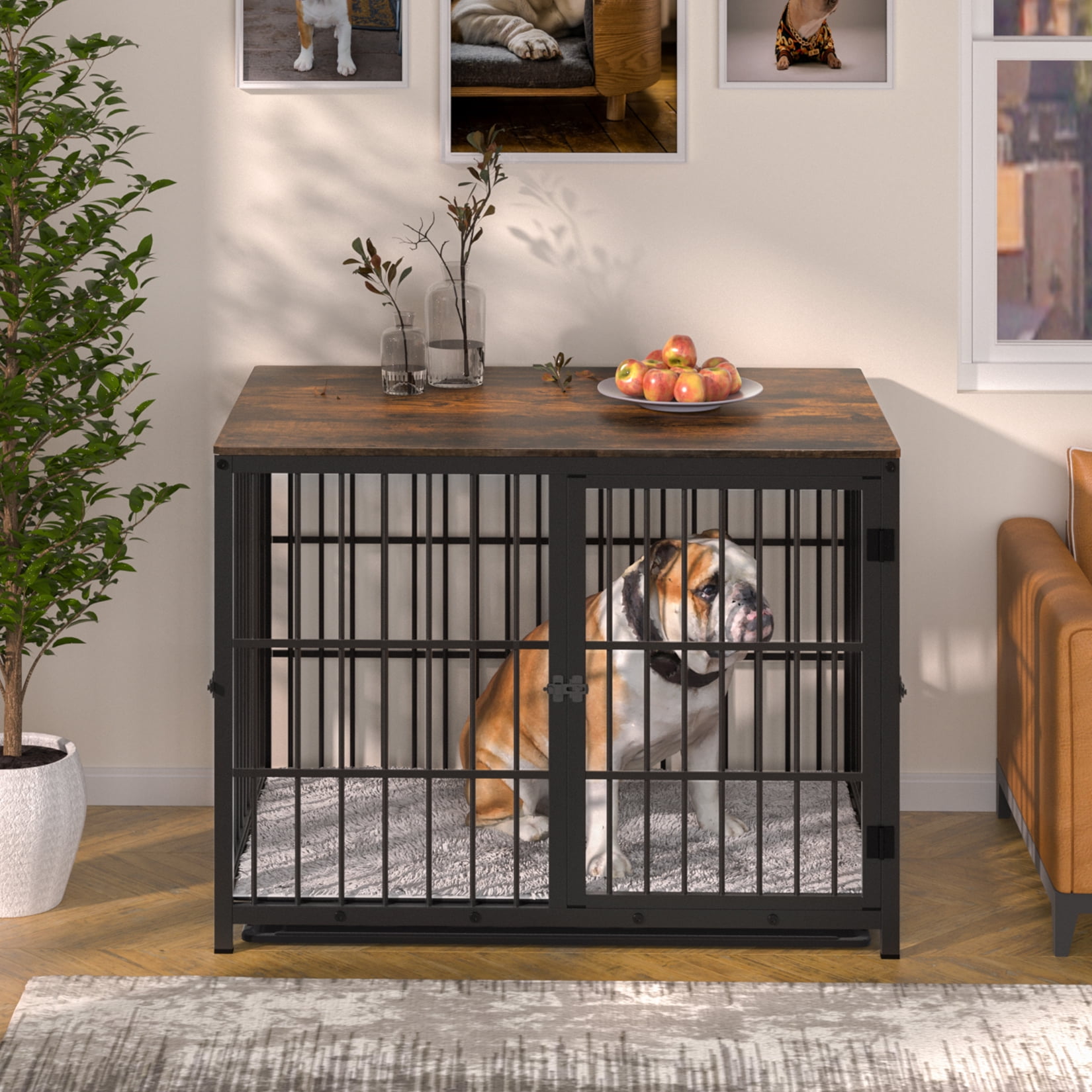 Bingopaw Triple Door Wooden Dog Crate Indoor, Black, Medium, Removable Tray, 30.91"L x 22.24"W x 25.59"H