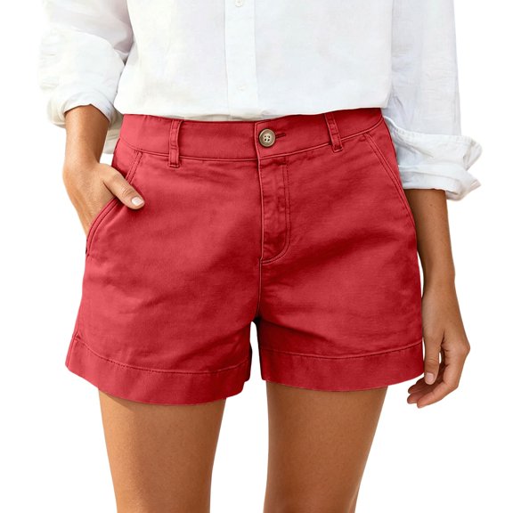 Rggeeun Womens Shorts Solid Color Elastic High Waist Wide Leg Soft Lightweight Loose Fit With Side Pockets &Buttons Trim For Summer Splash Fun Delicate Hot Pants,Red,Xxl