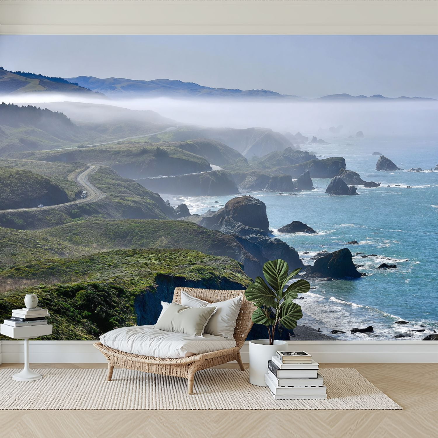 Wallpaper Foggy morning Bay Sonoma County Californias Pacific Peel and Stick Wall Murals 100"H x 144"W Removable PVC Wall Paper Self-Adhesive Wall Paintings Art Decor for Bedroom Living Room