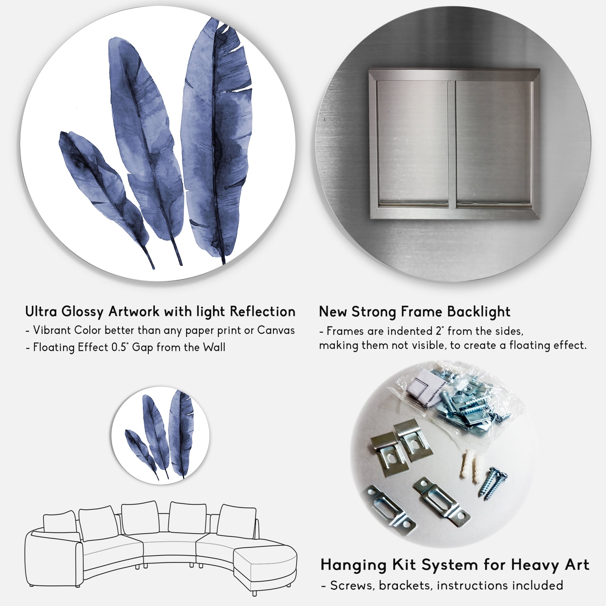 Designart 'Navy Blue Tropical Banana Leaves On White' Tropical Circle Metal Wall Art 29x29 - Disc of 29