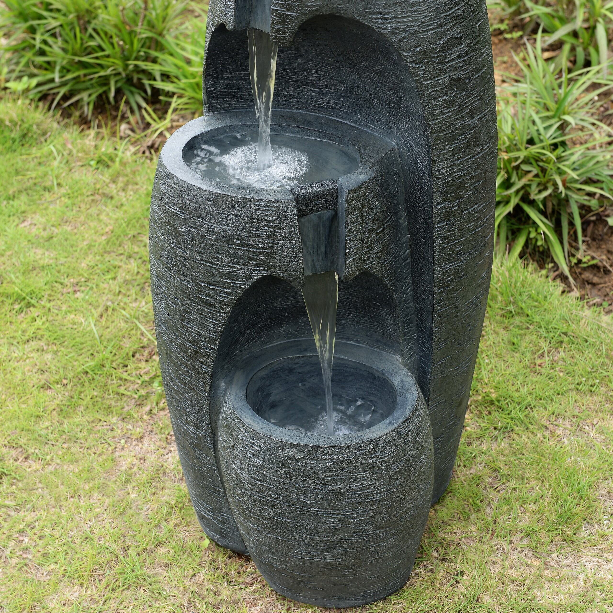 Teamson Home 3-Tier Cascading Urn Outdoor Water Fountain, Cool Glow Lighting with Adjustable Flow & Electric Pump, Black