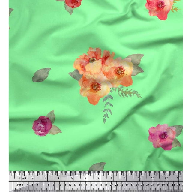 Soimoi Poly Georgette Fabric Flower & Leaves Watercolor Printed Fabric 1 Yard 52 Inch Wide