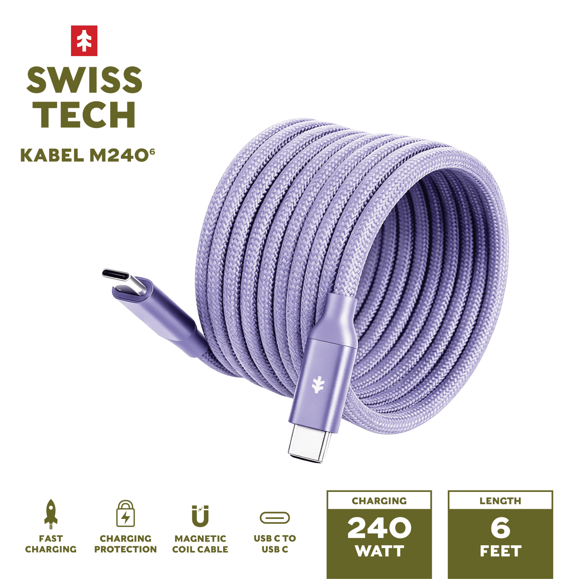 Swiss Tech Kabel M240 6 ft 240W Magnetic Self-Coiling USB-C Charging Cable, Myrtle Purple