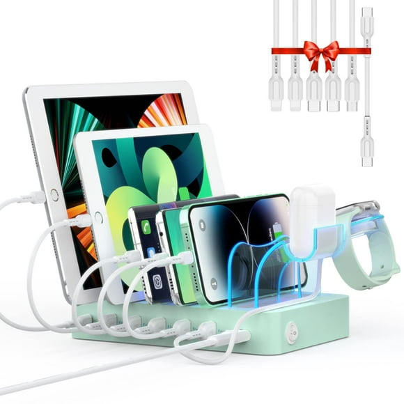 SooPii 60W/12A 6-Port Charging Station for Multiple Devices, PD 20W USB C Fast Charging for lPhone 14/13/12,6 Short Cables Included, 2 in 1 Holder,for Phones,Tablets and Others