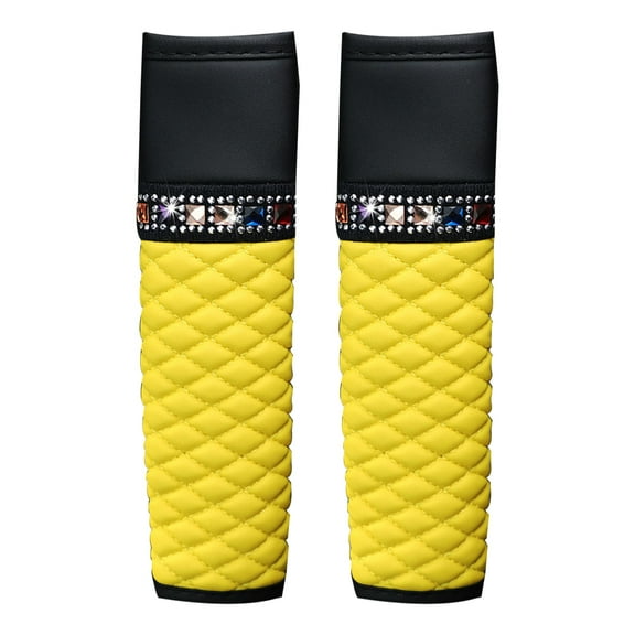 2PCS Car Seat Belt Cover Rhinestones Seat Belt Protector Car Leather Seat Belt Cushion Shoulder Protector Leather Seat Belt Pad Rhinestones Seat Strap Cover for Car Interior Accessories Yellow