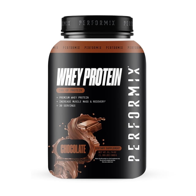 proteína en polvo performix, mezcla aislada de suero, 900 g, 30 porciones Envase frontal negro con acentos marrón y marca PERFORMIX, etiqueta 'Whey Protein' y sello 'Chocolate', ilustración de salpicadura y barra de chocolate, tapa de rosca negra, texto en etiqueta indica 30 porciones y 900 g; según el empaque, formulada para absorción rápida y uso postentrenamiento; también suele usarse para añadir proteínas a batidos y recetas.