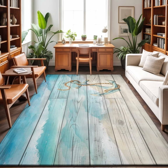 Area Rugs 2.7'x5', Nautical Anchor Carpet Runner Indoor Outdoor Rugs Home Decor Aesthetic, Blue Coastal Ocean Beach Wooden Grain Non Slip Mats Washable Accent Rug for Living Room Bedroom