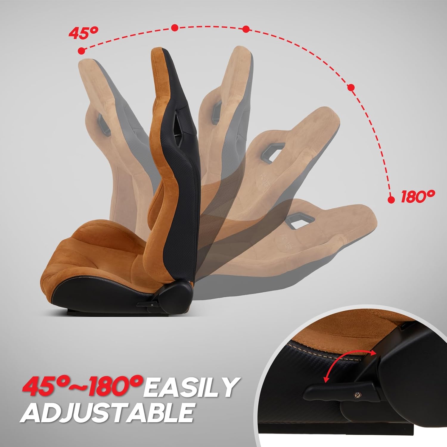 Pair Universal Racing Seats With Sliders - Brown PU Leather / Carbon Fiber Look - FREEMOTOR802