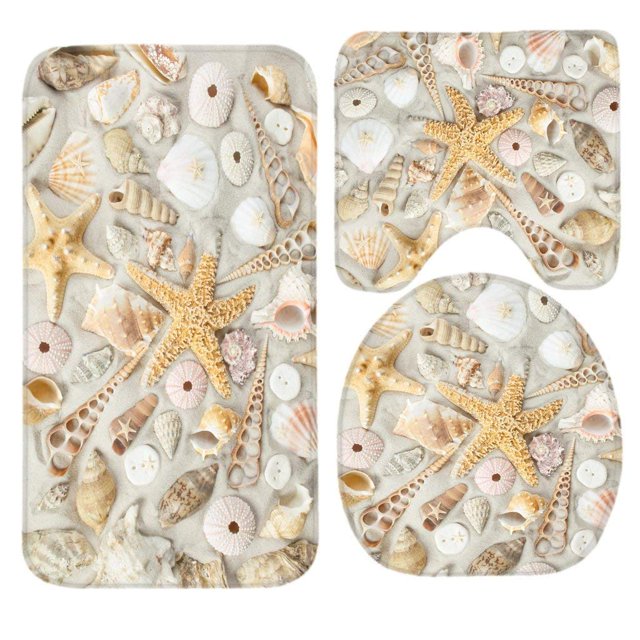 ABPHQTO Estrellas de mar de conchas sobre arena blanca Juego de alfombras de baño de 3 piezas Alfombra de baño Alfombra de contorno y tapa de inodoro