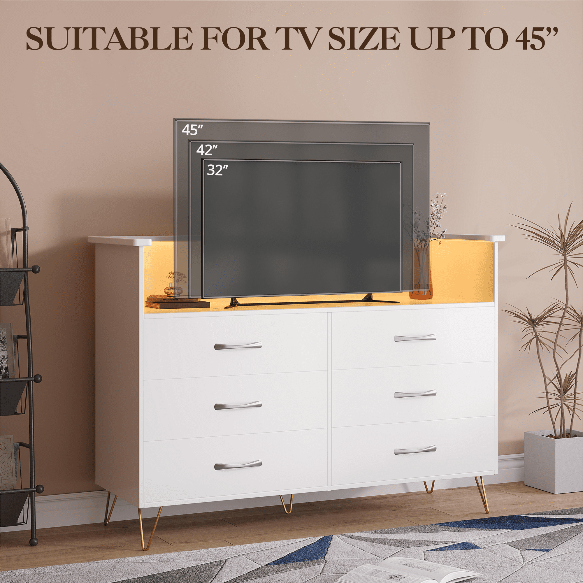 6 Drawer White Dresser with LED Lights and Charging Station,Modern Wood Dressers for Bedroom & Living Room