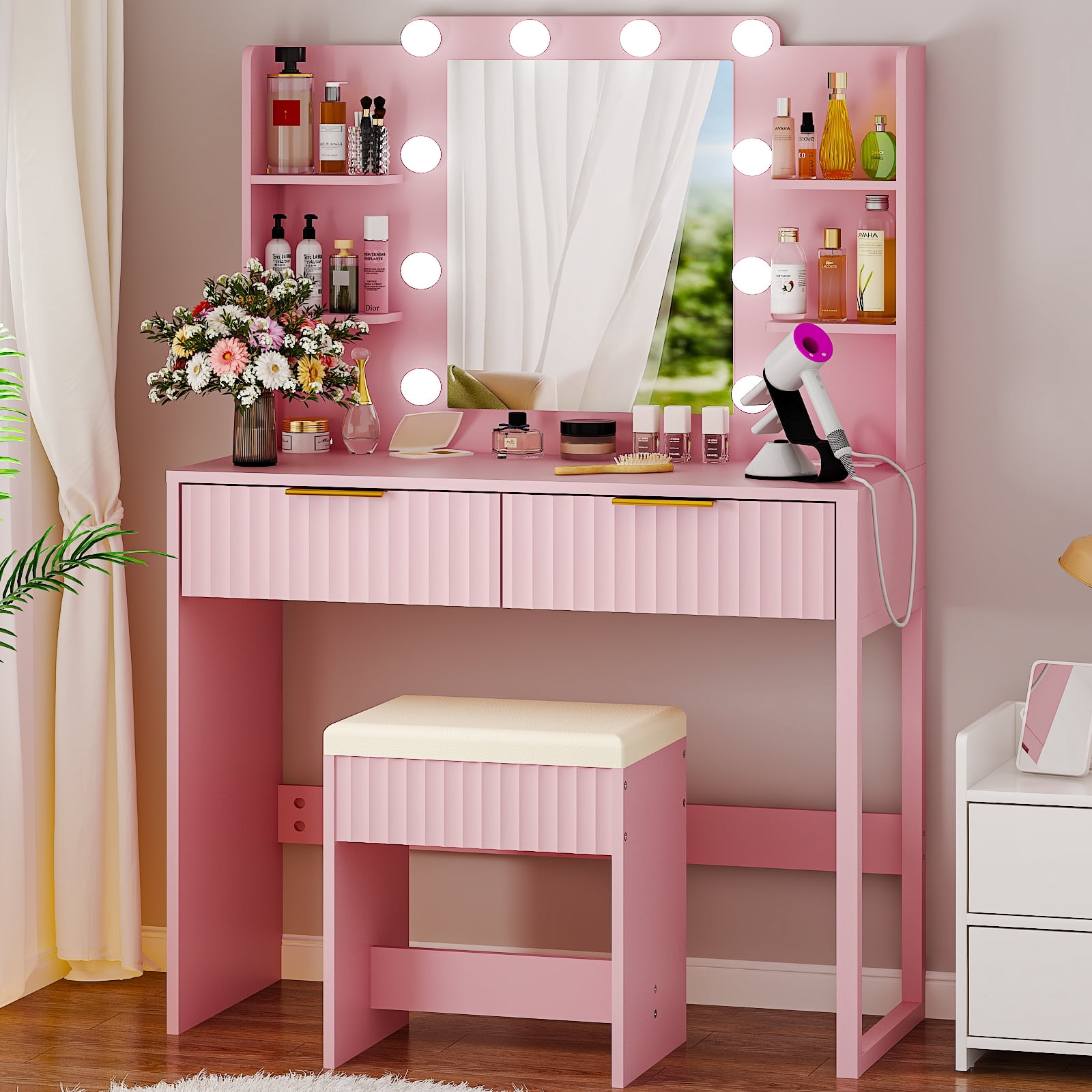 Ktaxon Lighted Makeup Vanity and Stool, Pink Vanity Table Set with 2 Drawer and Charging Station, Femal Gift
