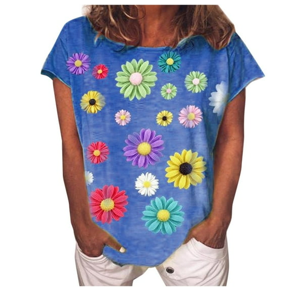 Babysbule Womens Summer Tops Women's Casual V-Neck Daisy Print Short Sleeve T-Shirt Top