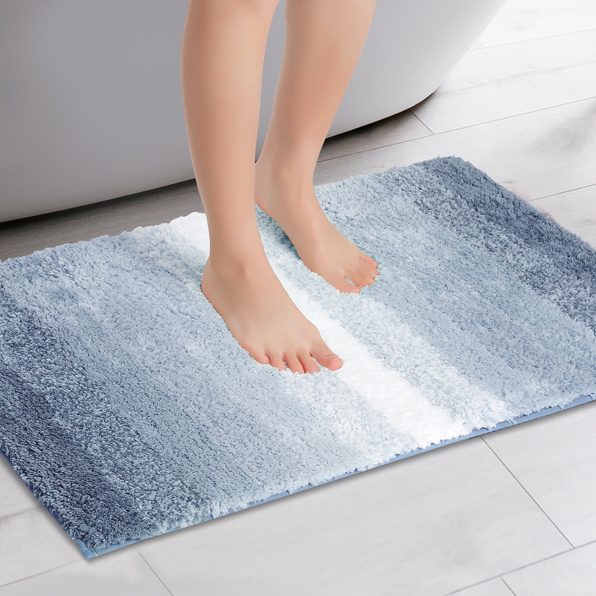 Unique Bargains Absorbent Bath Rug Non-Slip Plush Shaggy Bath Carpet Bath Mats Striped Blue Rectangle 20" x 32"