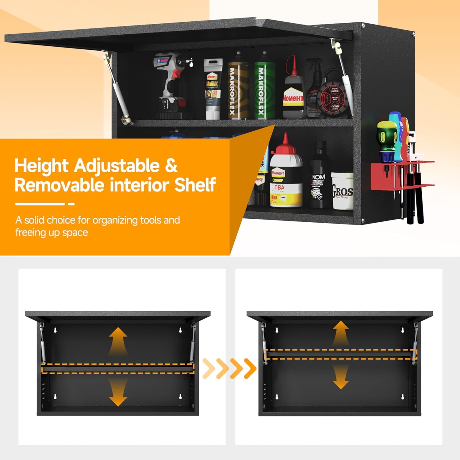 Metal Wall Cabinet with Up-flip Door,Wall Mounted Tool Cabinets with Pegboard,Metal Wall Storage Cabinet with Adjustable Shelf for Garage,Basement,Home Office, Kitchen,Warehouse（Black）