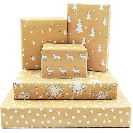 Kraft Christmas Wrapping Paper - 2 Rolls, 17" X 16 Ft, Vintage Holiday Designs, DIY Gift Wrap
