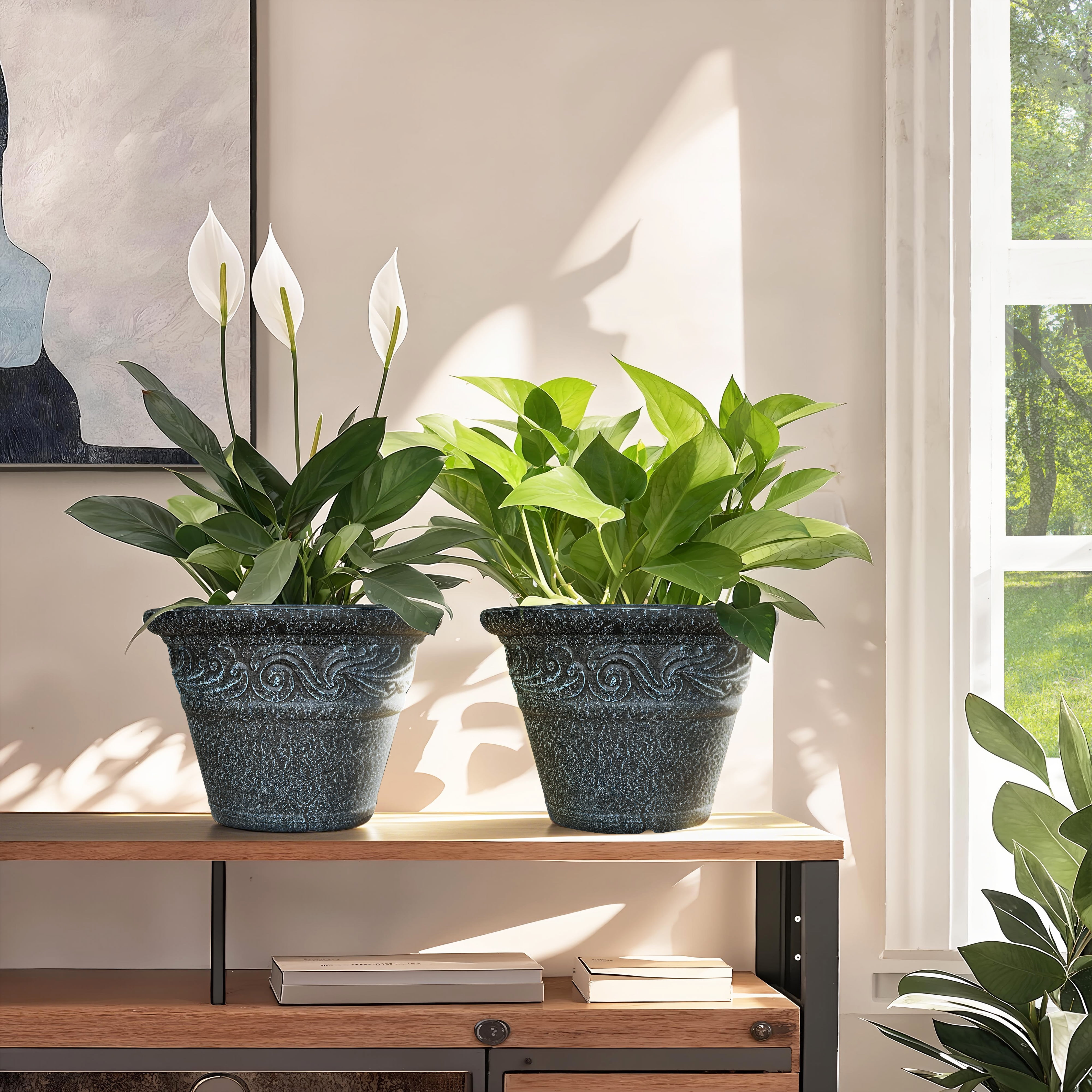 12 in. Dia Two-piece Set Of Classical Relief Flower Pots for Indoor/Outdoor Plants (Set of 2) in Dark Blue
