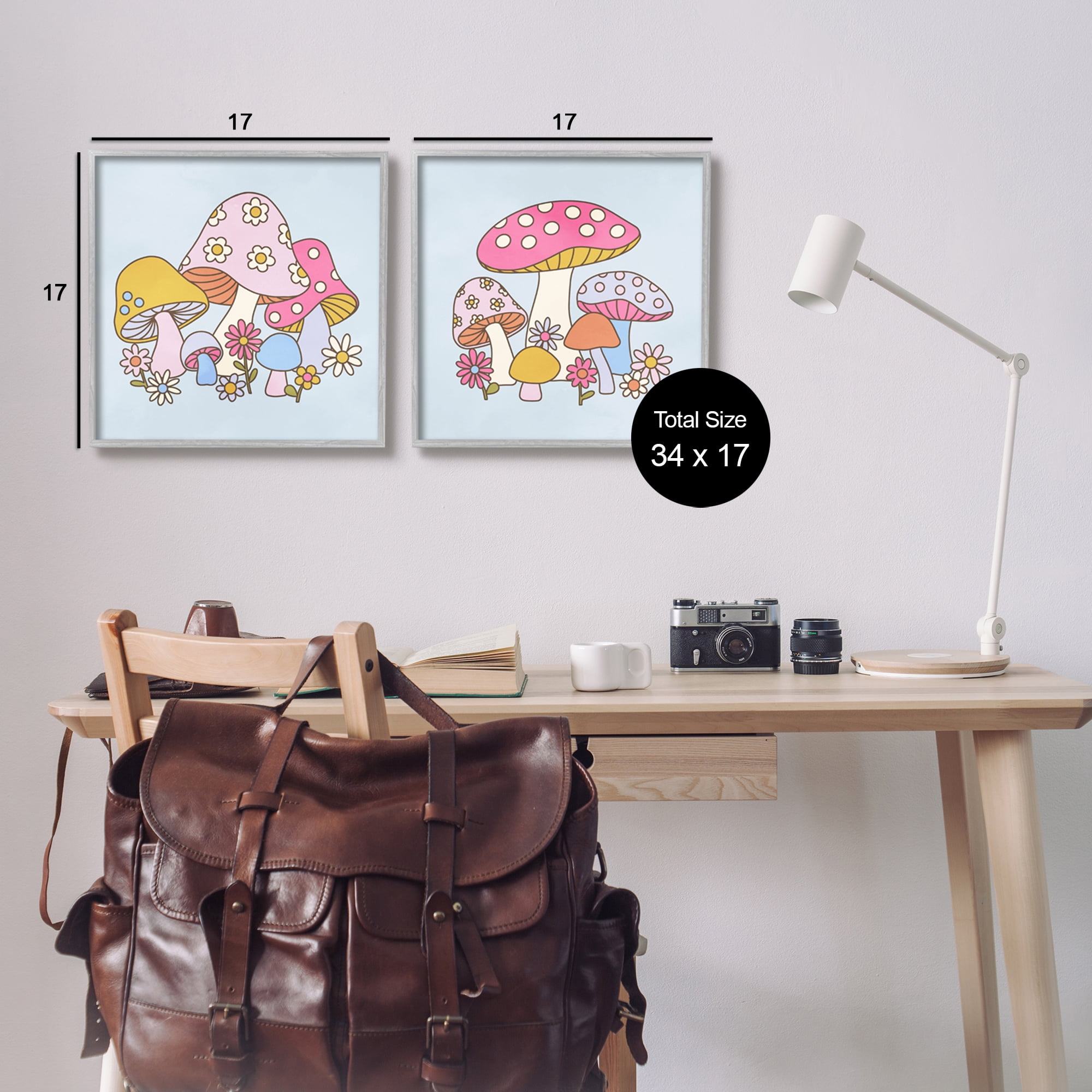 Stupell Industries Groovy Floral Mushrooms Botanical & Floral Painting Gray Framed Art Print Wall Art, 17 x 17, Set of 2