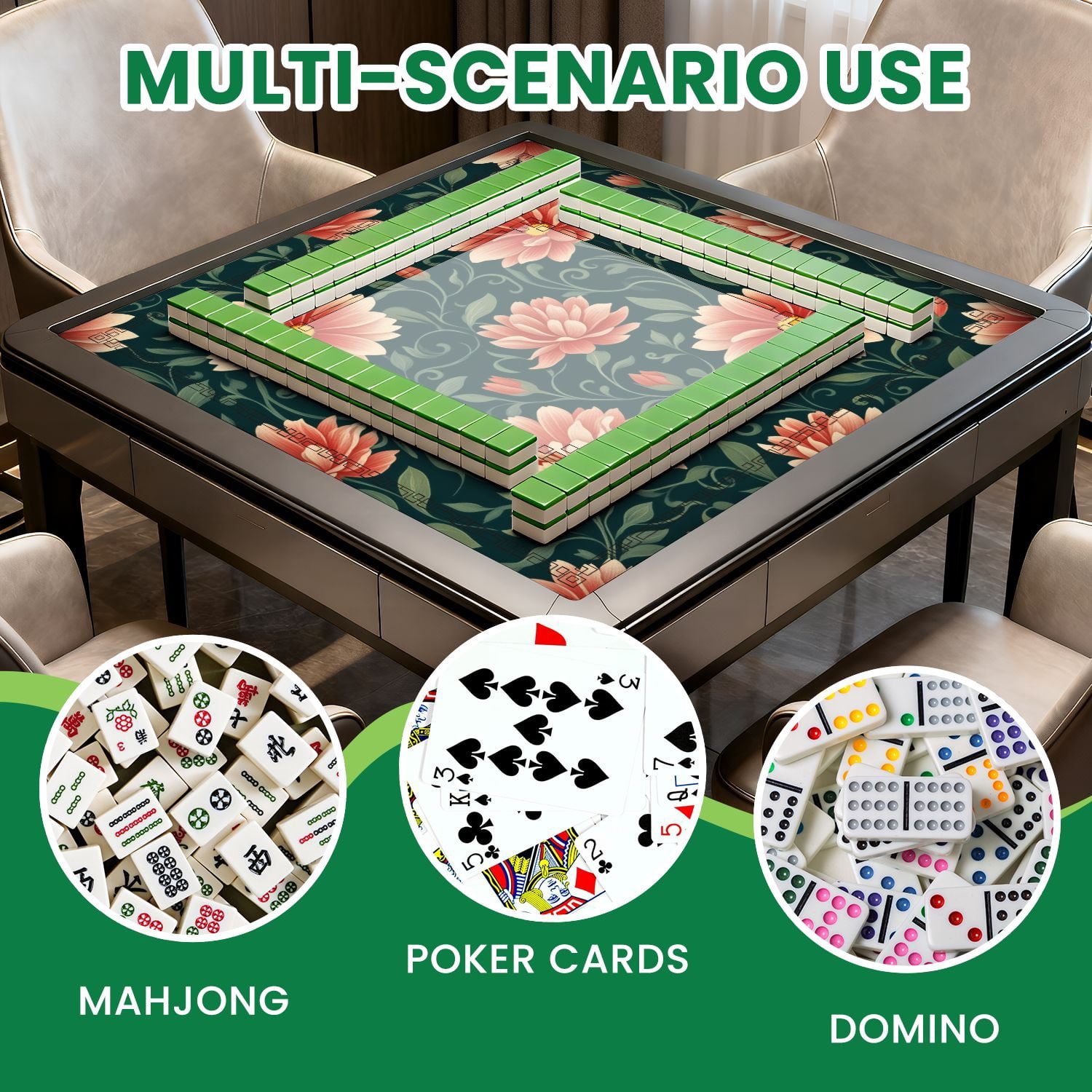 Mahjong Mat 31.5" x 31.5" Floral Peach Coral Blossoms Dark Green Non-Slip Noise Reduction American Mahjong Tiles Table Cover for Dominoes Poker Card Board Games Gift