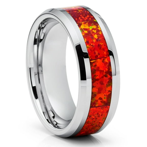 Opal Tungsten Ring,8mm Wedding Ring,Unique Wedding Band,Anniversary Ring,Silver Tungsten Ring,Comfort Fit