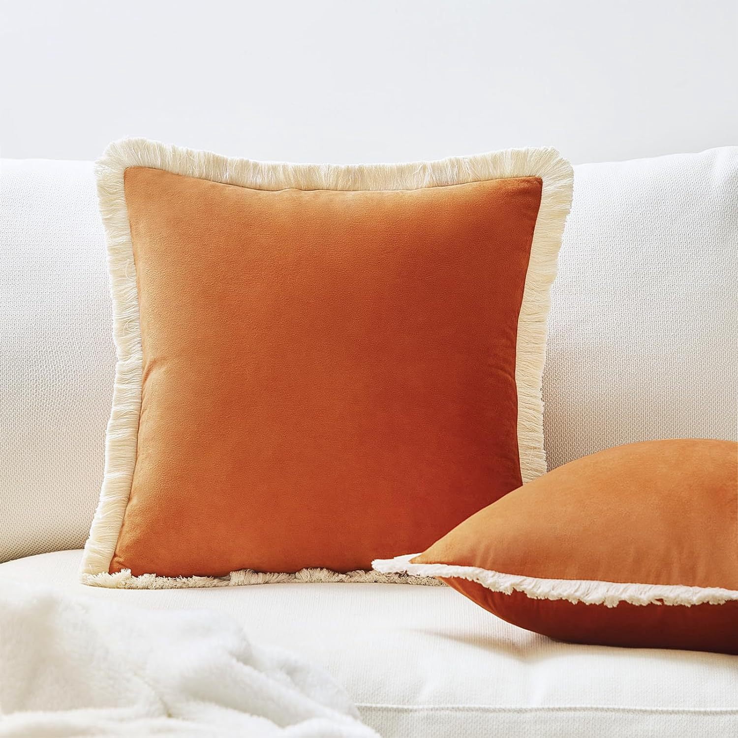 Yumcute Pillow Covers 20x20 Set of 2 Beige Throw Pillow Covers with Fringe Chic Cotton Decorative Pillows Square Cushion Covers for Sofa Couch Bed Boho Decor