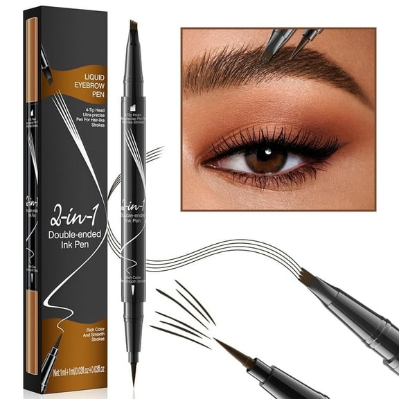 JAYWAYNE 4-Tip Head Liquid Eyebrow Pen, 2-in-1 Double-ended Microblading Pen with Ultra-Fine Point, Waterproof Formula for Natural Hair-Like Strokes, Dark Brown