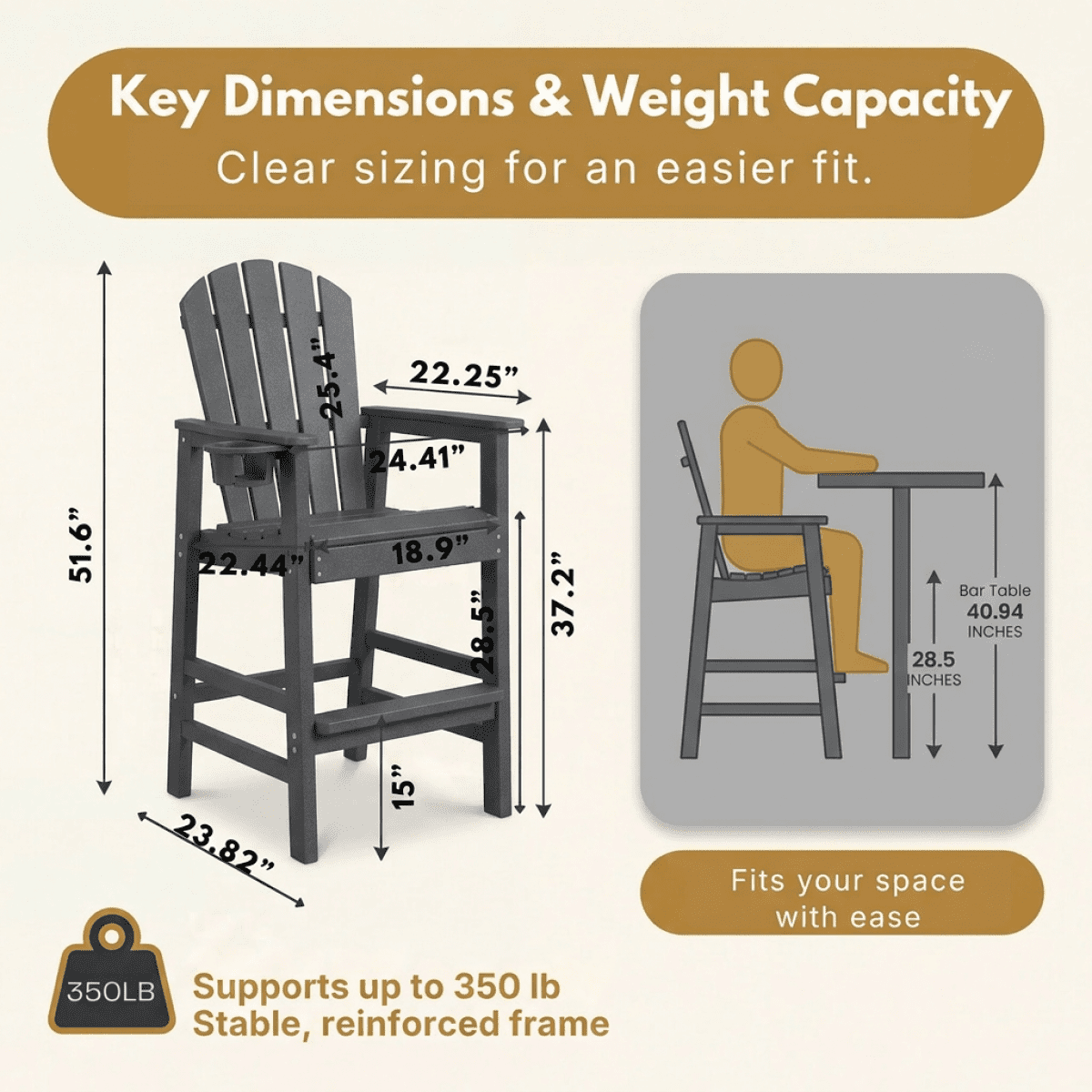 HDPE Bar Height Adirondack Chair All-Weather Outdoor Patio Chair with Cup Holder (Gray)