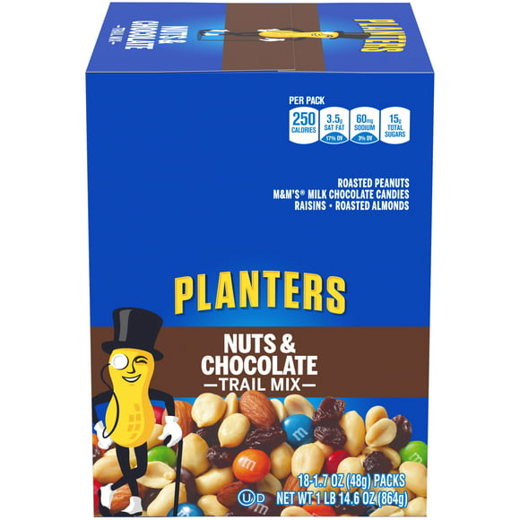 Planters Nuts & Chocolate Trail Mix Roasted Peanuts, M&M Chocolate Candies, Raisins Roasted Almonds, 18 ct Box, 1.7 oz Packs