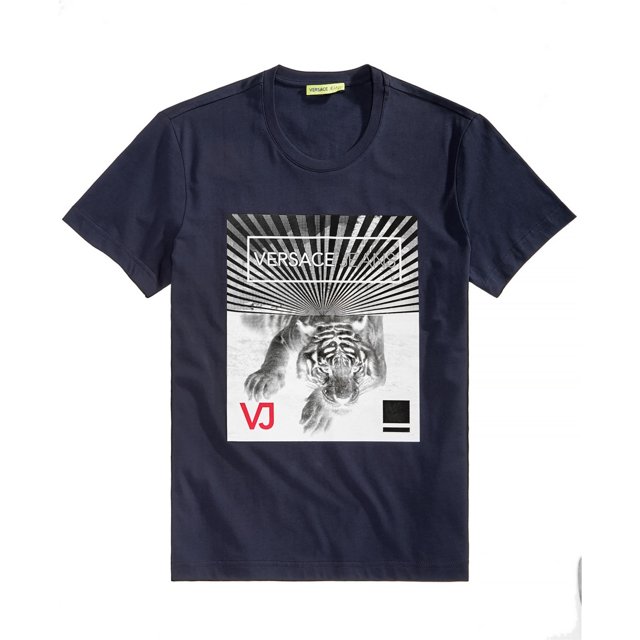 Versace Camiseta gráfica con logo de tigre para hombre, azul, talla mediana