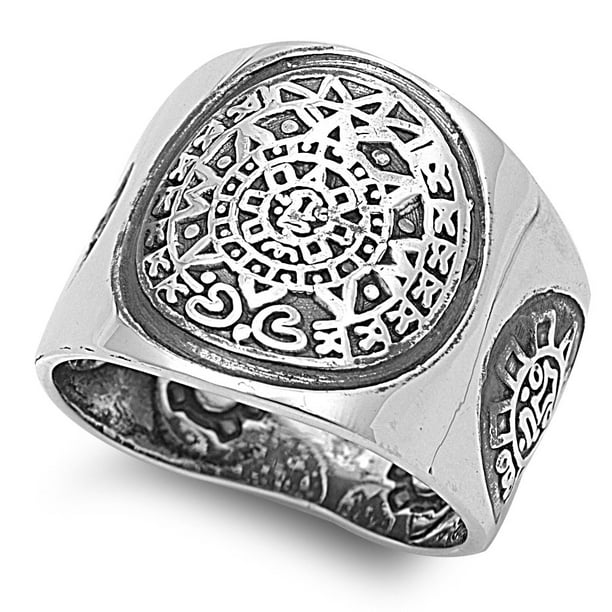 All in Stock 925 Sterling Silver Aztec Mayan Calendar Ring Size 12