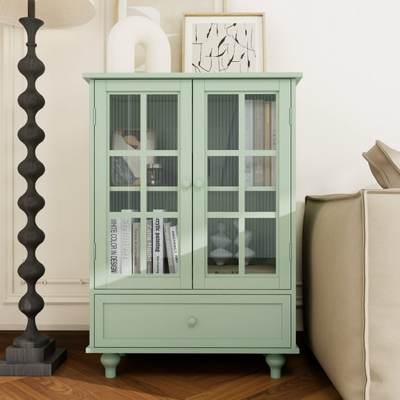MDQMD 38'' Tall Storage Cabinet with Glass Doors for Living Room,Modern Green Small Floor Cabinet with Drawer for Storage