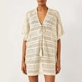 thumbnail image 5 of MOJOGO Crochet Cover Up for Women Deep V Neck Drawstring Shirt Coverups Summer Boho Beach Dress for Swimwear Bathwear Beige L, 5 of 9