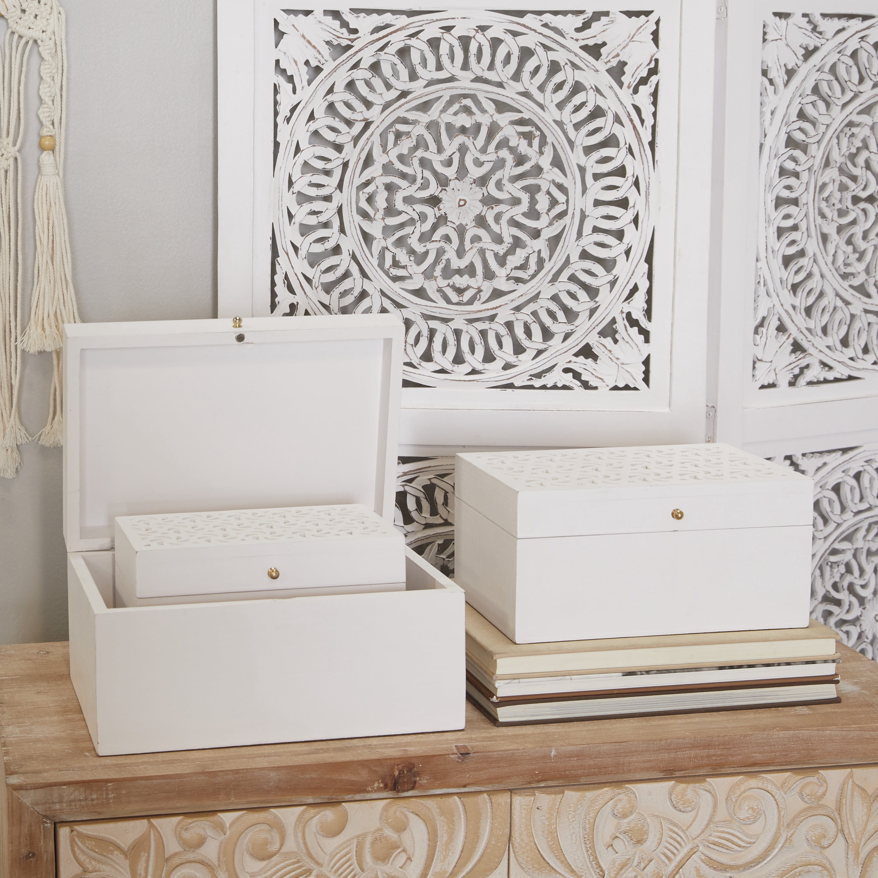 DecMode Intricate Carved White Wood Decorative Box with Hinged Lid, 3 Count