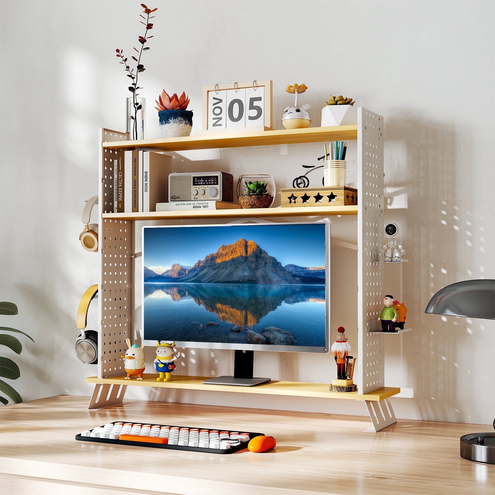 Gomok 2-in-1 Desktop Bookshelf, Adjustable 3-Tier Desk Shelf Bookcase Storage Rack with 3 Trays & 2 Grid Panels, White