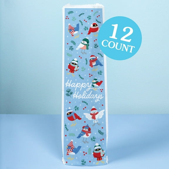 Big Dot of Happiness Winter Birds Wine Gift Bags, Christmas Party Hostess Thank You Wine Bottle Gift Wrap, Bulk Holiday Paper Bags - 12 ct