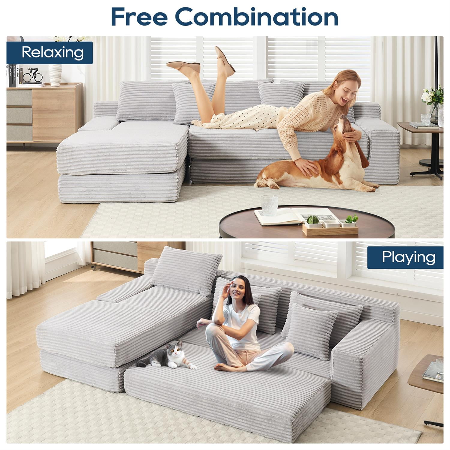 Demi Bonn 104" Convertible L-Shaped Sectional Sofa Bed with Memory Foam & Steel Frame, No Assembly Needed, Corduroy Fabric Modular Couch for Living Room, Gray