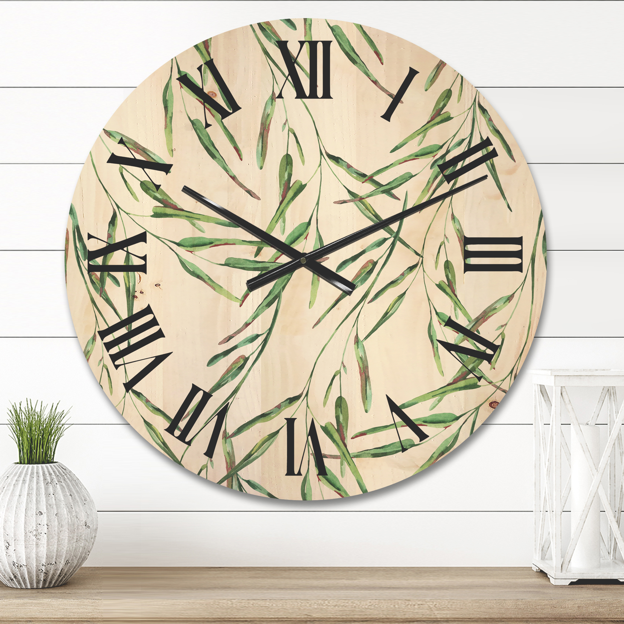Designart 'Tropical Green Leaves On White In Summer Times II' Tropical Wood Wall Clock