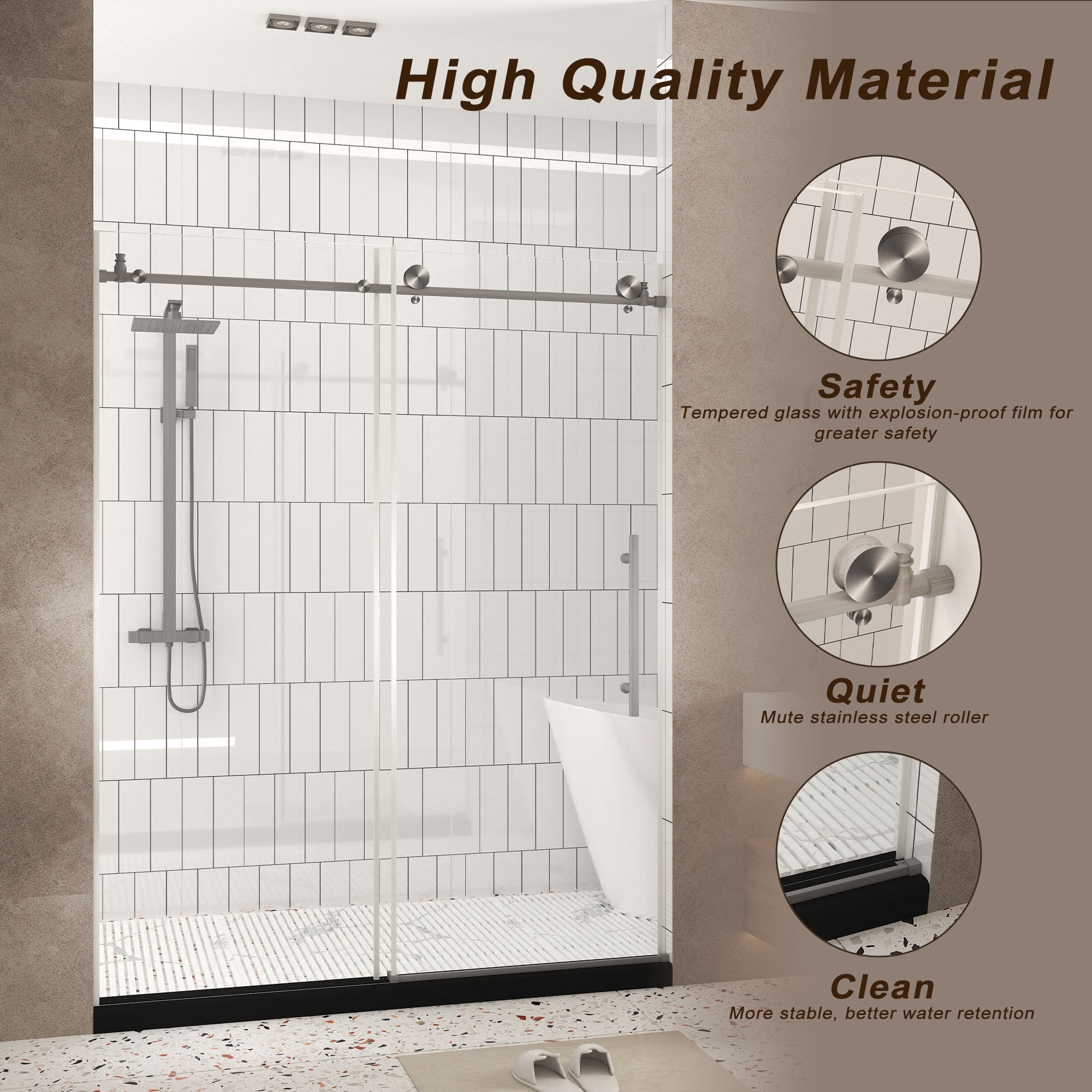 Leumius Frameless Sliding Shower Door,56-60"W x 76" H,1/4" Clear Tempered Glass,Stainless Steel Handle,Brushed Nickel