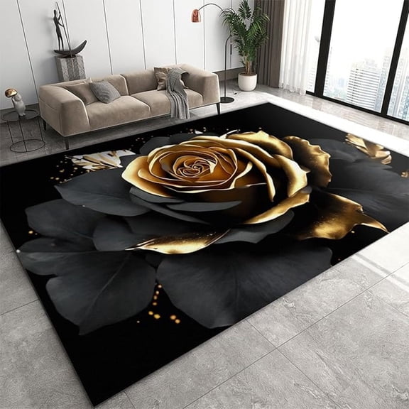 Luxury Black Gold Rose Area Rug, Modern Flowers Large Area Rug, Machine Washable Carpet For Living Room Bedroom Kitchen Dining Room Home Office Decor Floor Mat 5x7ft