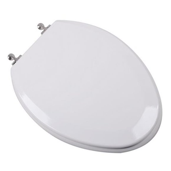 Premium Molded Elongated Wood Toilet Seat with Brushed Nickel Hinges, White