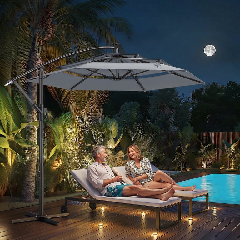 lighted offset patio umbrella HOMSHADE 10FT Solar LED Cantilever with Base Included, Beige Solar powered LED lights also allow for night use TASKBAY 10ft 3-Tiered Cantilever Patio
