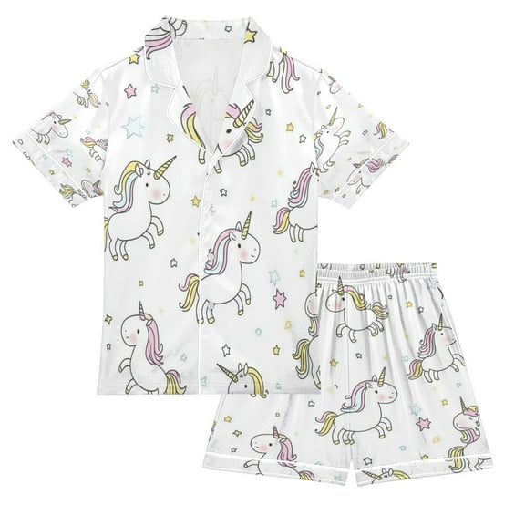 Silky Satin Kids' Pajama Set Breathable & Smooth Unisex Button-Down Pajamas Cute Unicorn