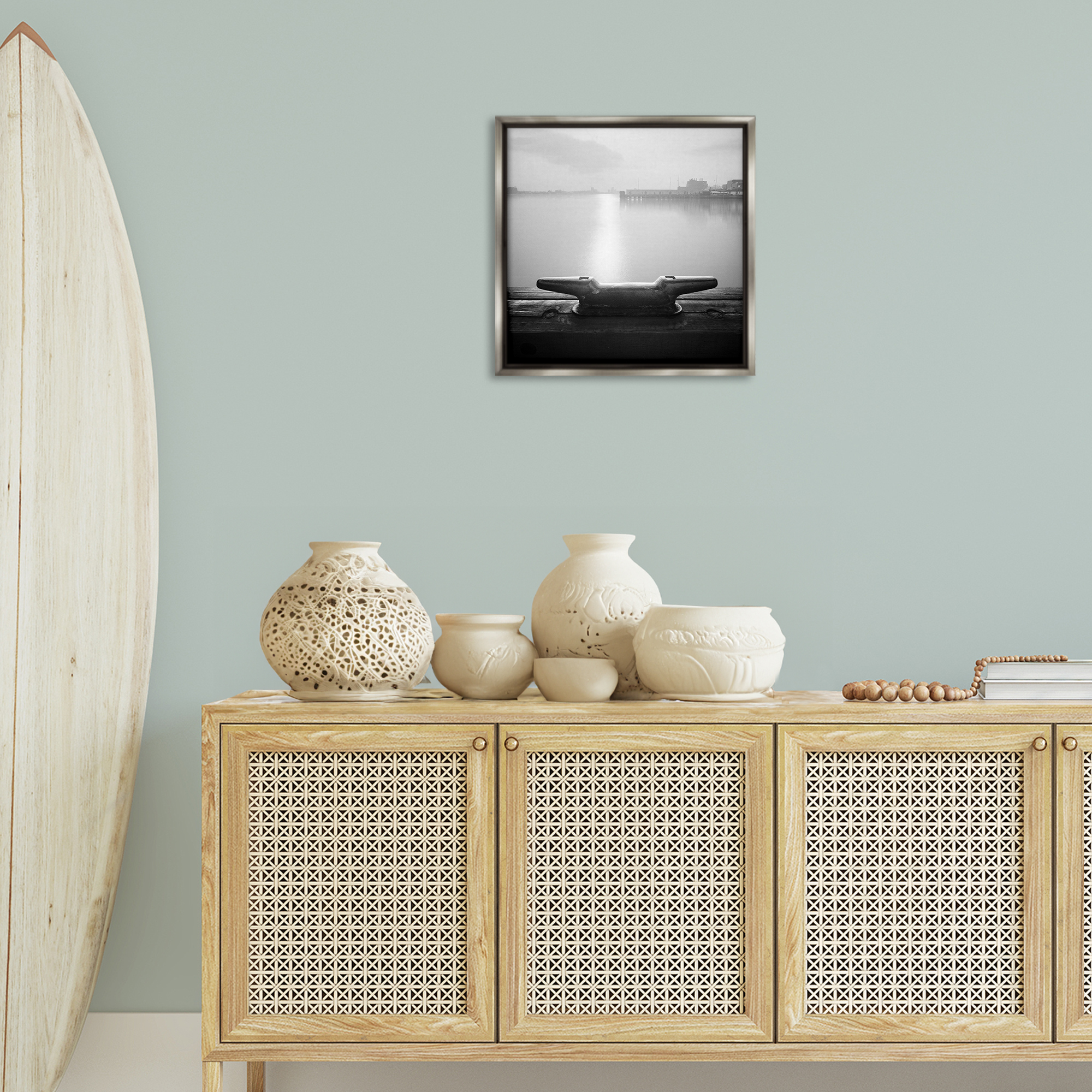 Stupell Industries Dockside Boat View Coastal Photography Gray Floater Framed Canvas Art Print Wall Art, 18 x 18