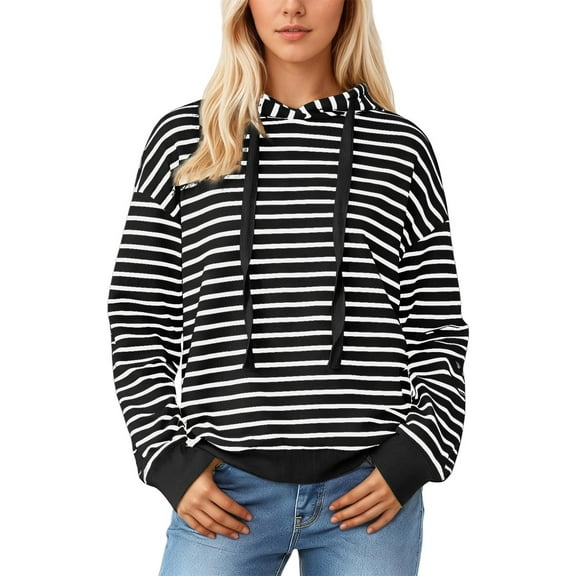 TIANZEN Striped Hooded Sweatshirt Long Sleeve Casual Pullover Top For Soft Comfortable Athletic Wear With Front Pouch Pocket Woman's Hoodie Zip Front Women's Outdoor Recreation Sweatshirts & Hoodies